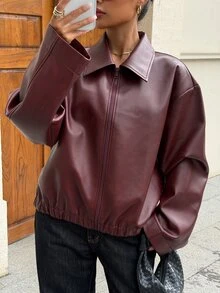 Livesso Women's Solid Color PU Leather Zipper Casual Versatile Daily Travel Long Sleeve Jacket - Burgundy - View 6