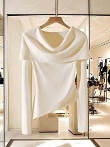 Franclia Women's Unique French Style Drape Collar Layering T-Shirt, Spring/Autumn - White - View 3