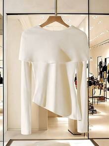 Franclia Women's Unique French Style Drape Collar Layering T-Shirt, Spring/Autumn - White - View 2