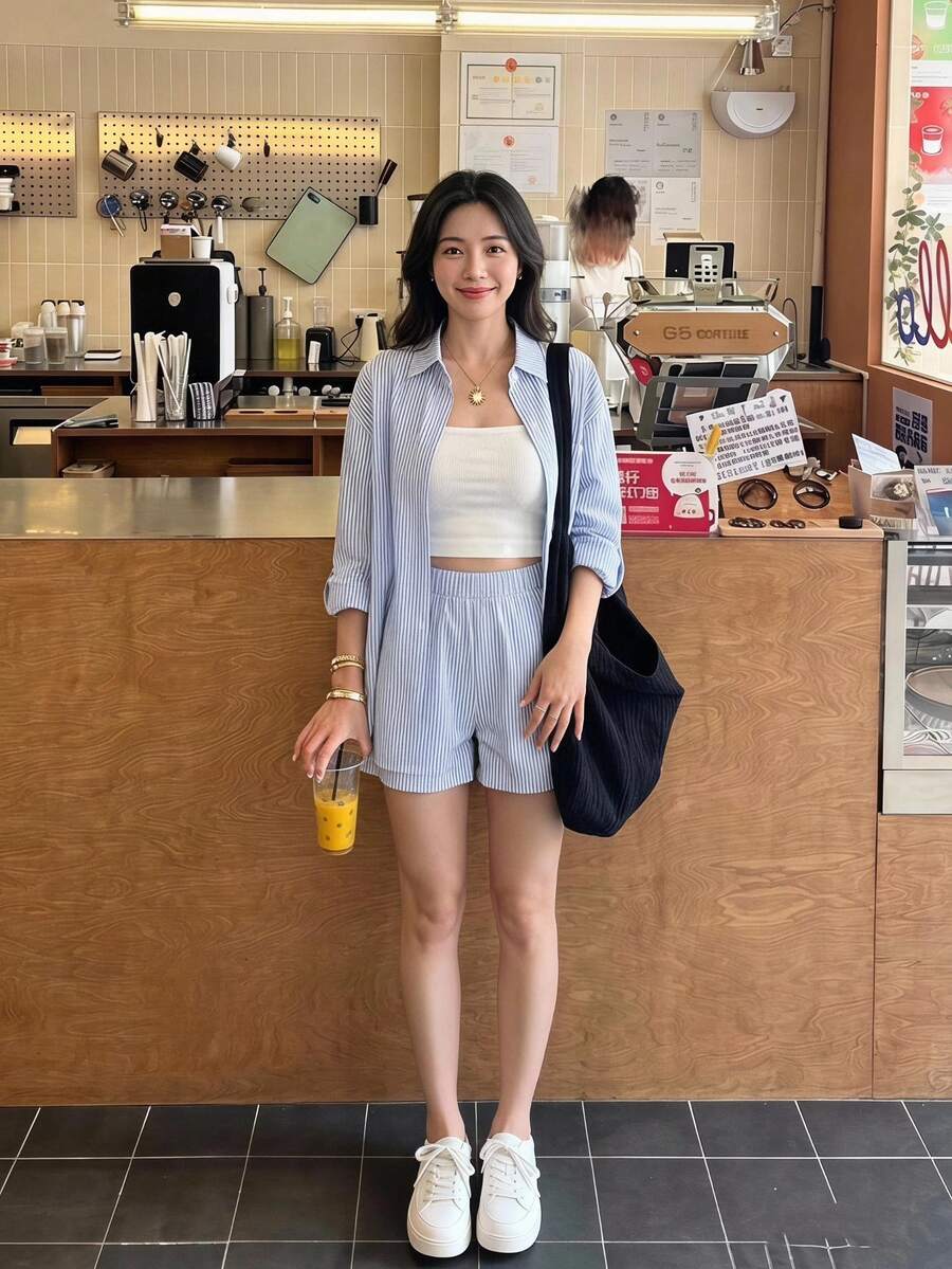 SHEIN Frenchy 2件套休闲条纹衬衫和短裤套装 - 藍色 - 查看 1