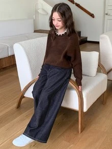 DAZY 青少年女孩休閒水洗寬腿牛仔褲 - 藏蓝色 - 查看 4