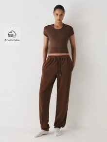YARNWELL Women's Jogger Sweatpants With Pockets Cotton Blend Casual Pants Everyday Essential For Daily Work Lounge Homewear Travel Brown Summer - Coffee Brown - View 8
