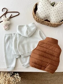SHEIN 女嬰3件套：針織純色字母圖案連帽休閒衛衣、長褲與梭織純色背心 - 彩色 - 查看 2