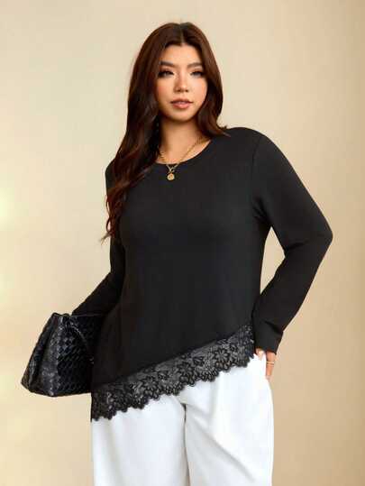 Edennvi Plus Size Women's Elegant Traditional Round Neck Long Sleeve Lace Patchwork Design T-Shirt Slimming Minimalist Fit For Daily Wear Office Black Autumn