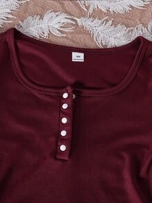 SHEIN Sparklyn 少女法式复古方领罗纹修身短袖T恤 - 酒紅色 - 查看 4