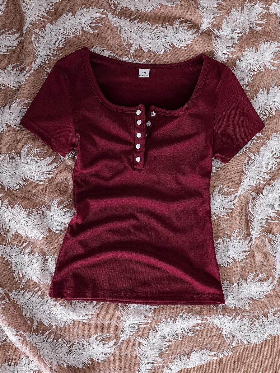 SHEIN Sparklyn 少女法式复古方领罗纹修身短袖T恤 - 酒紅色 - 查看 1