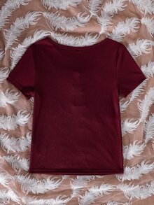 SHEIN Sparklyn 少女法式复古方领罗纹修身短袖T恤 - 酒紅色 - 查看 2