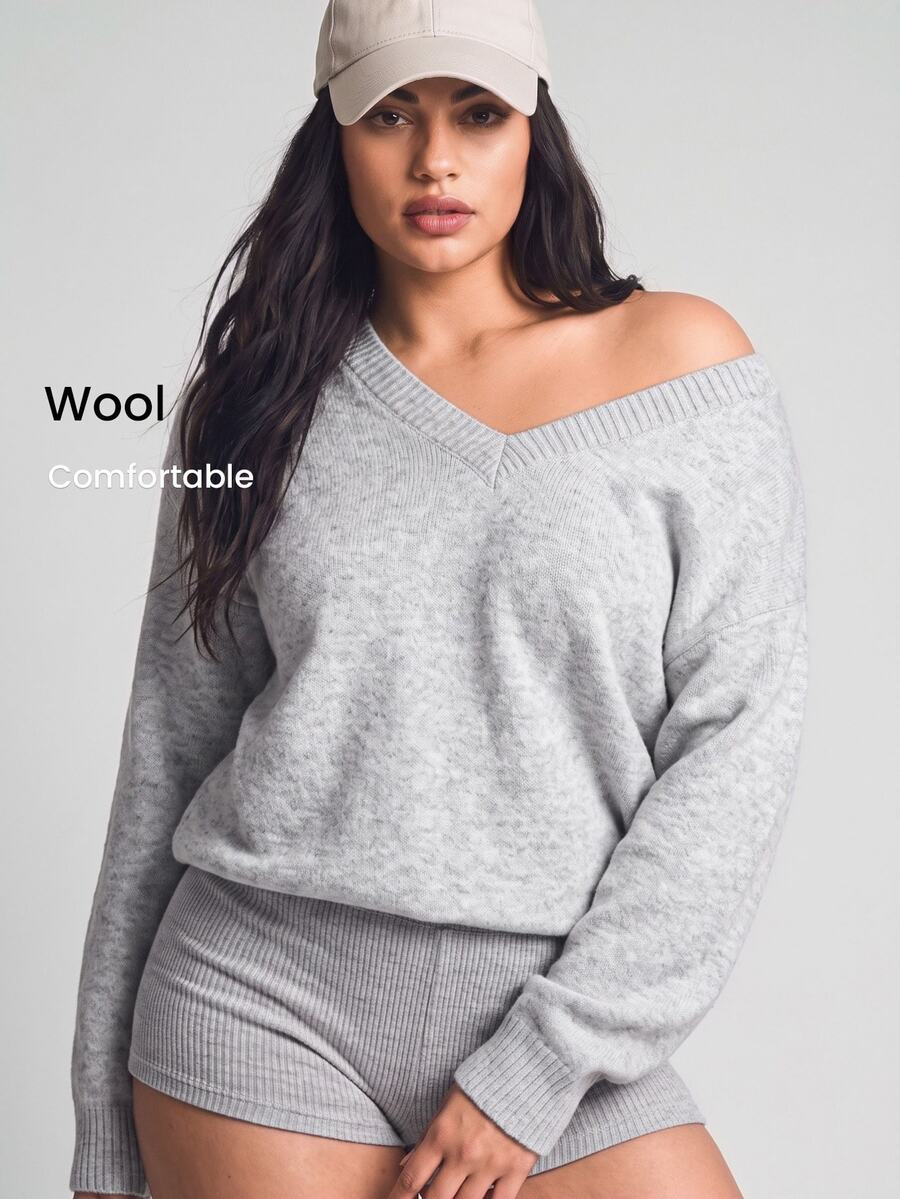 YARNWELL 女款 V 領極簡傳統休閒膠囊系列日常居家正式質感長袖純色套頭毛衣 秋季灰色 度假風 - 灰色 - 查看 1