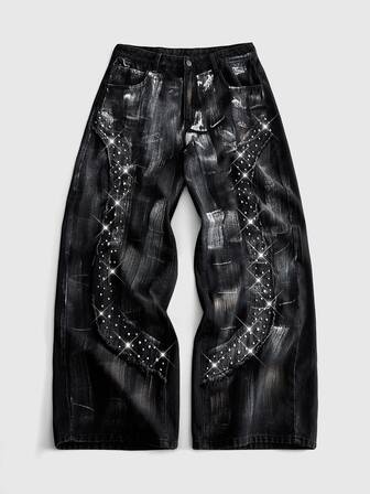 Street Life Jean en denim décontracté pour hommes avec poche et décoration de clous, polyvalent pour le port quotidien
