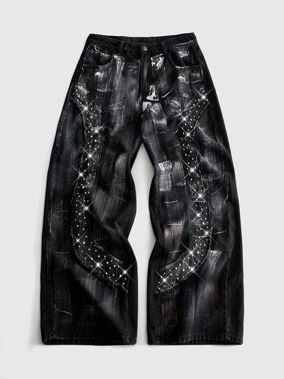 Street Life Men's Casual Denim Jeans With Pocket And Stud Decoration, Versatile For Daily Wear
