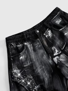 ROMWE MEN Street Life Men's Casual Denim Jeans With Pocket And Stud Decoration, Versatile For Daily Wear - Black - View 3