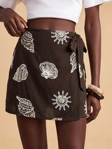 Travachic 女款度假休閒海洋風刺繡繫帶裹裙 - 棕色 - 查看 5