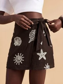 Travachic 女款度假休閒海洋風刺繡繫帶裹裙 - 棕色 - 查看 4