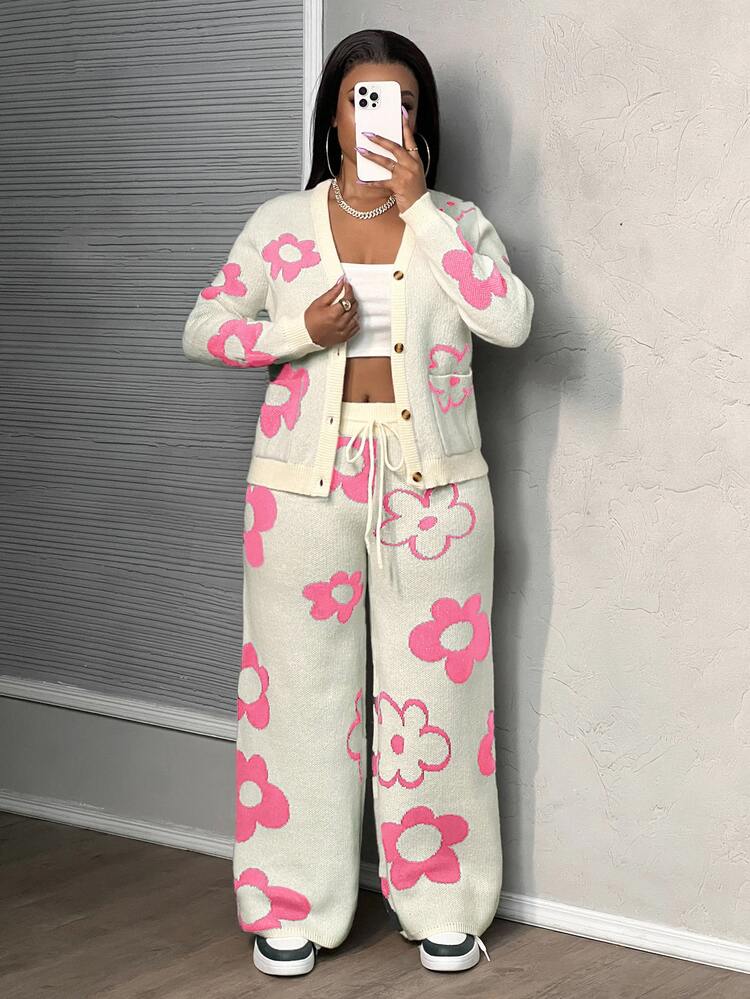 Slaydiva Autumn Women's 2 Pieces Pants Sets,White Cute Floral V-Neck Long-Sleeved Jacket & Wide-Leg Trousers,Curve Flowy Loungewear Modest Woolen Sweater Suit - Hot Pink - View 9