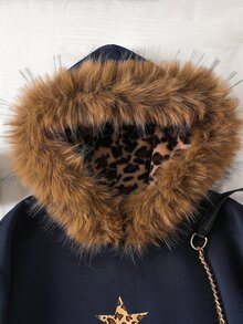 SHEIN 女童（大號）休閒街頭風豹紋毛絨帽時尚連帽衫 - 藏蓝色 - 查看 4
