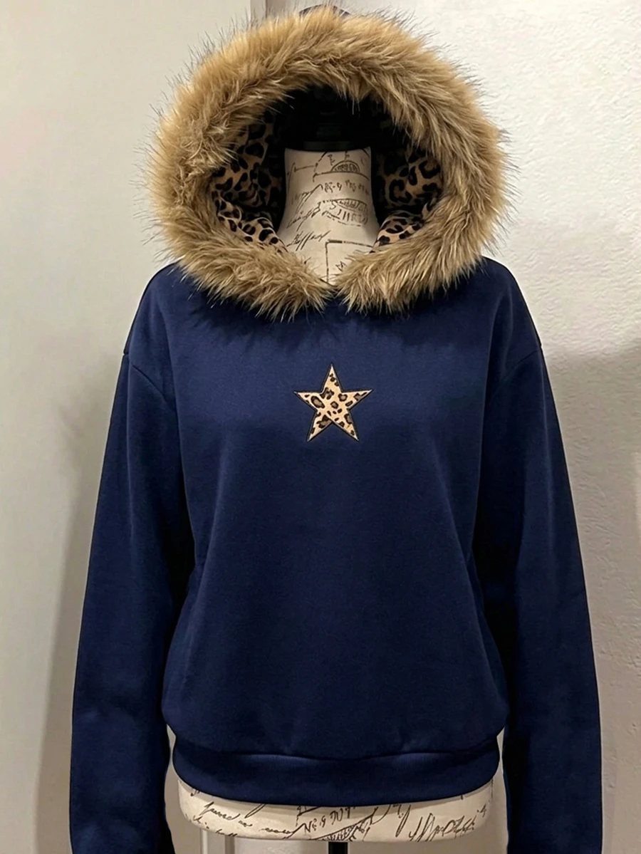 SHEIN 女童(大號)休閒街頭風豹紋毛絨帽時尚連帽衫 - 藏蓝色 - 查看 1
