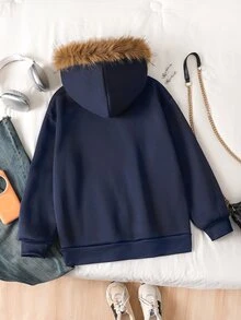 SHEIN 女童（大號）休閒街頭風豹紋毛絨帽時尚連帽衫 - 藏蓝色 - 查看 2