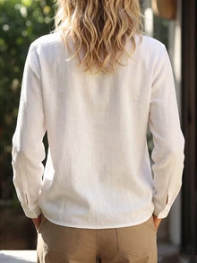 Zayélia White Textured Linen V-Neck Long Sleeve Blouse, Loose Fit Slimming Top, French Minimalist Casual Versatile Base Layer - White - View 2