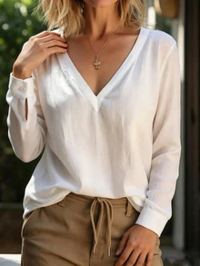 Zayélia White Textured Linen V-Neck Long Sleeve Blouse, Loose Fit Slimming Top, French Minimalist Casual Versatile Base Layer - White - View 3