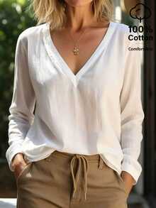 Zayélia White Textured Linen V-Neck Long Sleeve Blouse, Loose Fit Slimming Top, French Minimalist Casual Versatile Base Layer - White - View 1