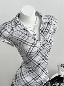 Elamini 女款灰色格紋領短袖T恤，90年代復古夏季，極簡學院風復古修身返校休閒上衣，可愛女教師風 - 灰色 - 查看 5