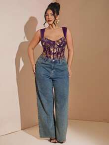 SHEIN BAE 大尺碼女款花卉印花修身百搭日常連體衣 - 紫色 - 查看 5