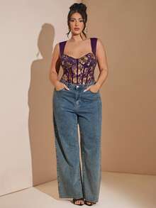 SHEIN BAE 大尺碼女款花卉印花修身百搭日常連體衣 - 紫色 - 查看 4