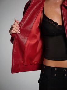 SHEIN BAE 女款純色PU皮革長袖前拉鍊夾克 - 紅色 - 查看 8