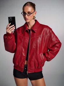 SHEIN BAE 女款純色PU皮革長袖前拉鍊夾克 - 紅色 - 查看 1