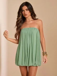 SHEIN BAE Spring/Summer Solid Apricot Strapless Mesh Puff Mini Dress, Elegant Sexy Ruched Mini Dress - Mint Green - View 7