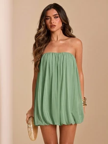 SHEIN BAE Spring/Summer Solid Apricot Strapless Mesh Puff Mini Dress, Elegant Sexy Ruched Mini Dress - Mint Green - View 6