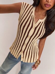 SHEIN BAE 女款優雅休閒舒適百搭圓領無袖條紋針織衫 米色 秋冬早午餐度假風 - 卡其色 - 查看 6
