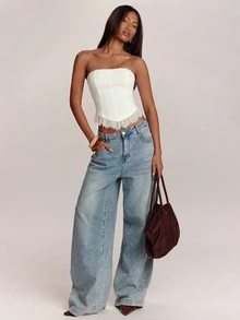 SHEIN BAE 女款純色對比蕾絲下擺時尚抹胸上衣 - 白色 - 查看 3