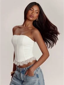SHEIN BAE 女款純色對比蕾絲下擺時尚抹胸上衣 - 白色 - 查看 5
