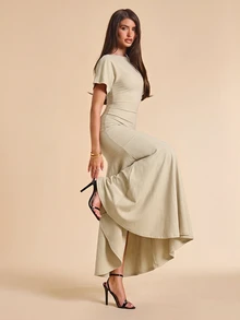 SHEIN BAE 純色魚尾下擺長洋裝 - 杏色 - 查看 5