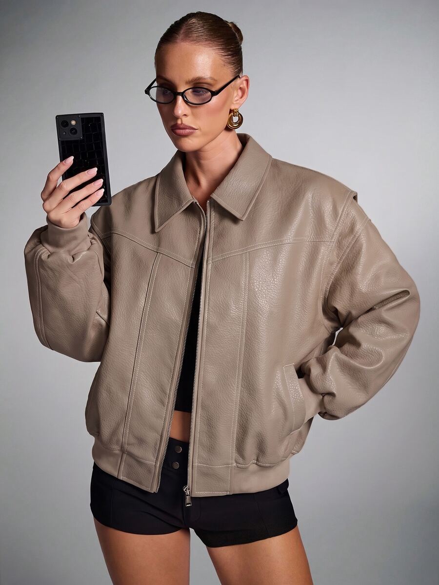 SHEIN BAE 女款純色PU皮革長袖前拉鍊夾克 - 卡其色 - 查看 1