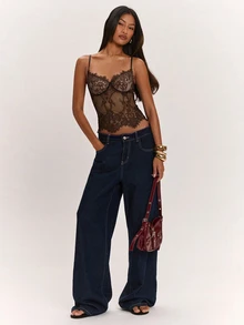 SHEIN BAE Women's Summer Sexy Sheer Lace Camisole Top - Coffee Brown - View 3