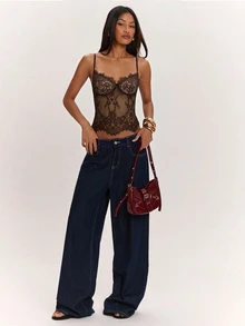SHEIN BAE Women's Summer Sexy Sheer Lace Camisole Top - Coffee Brown - View 4