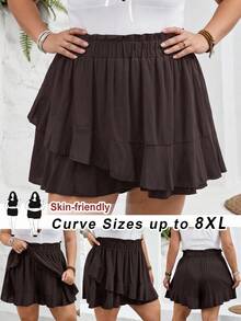 SHEIN CURVE+ شورت نسائي فضفاض بلون موحد مع حافة مكشكشة، مقاس منحني US22، مناسب لمهرجان الموسيقى وإجازة الشاطئ والأسلوب البوهيمي - بني - مشاهدة 1