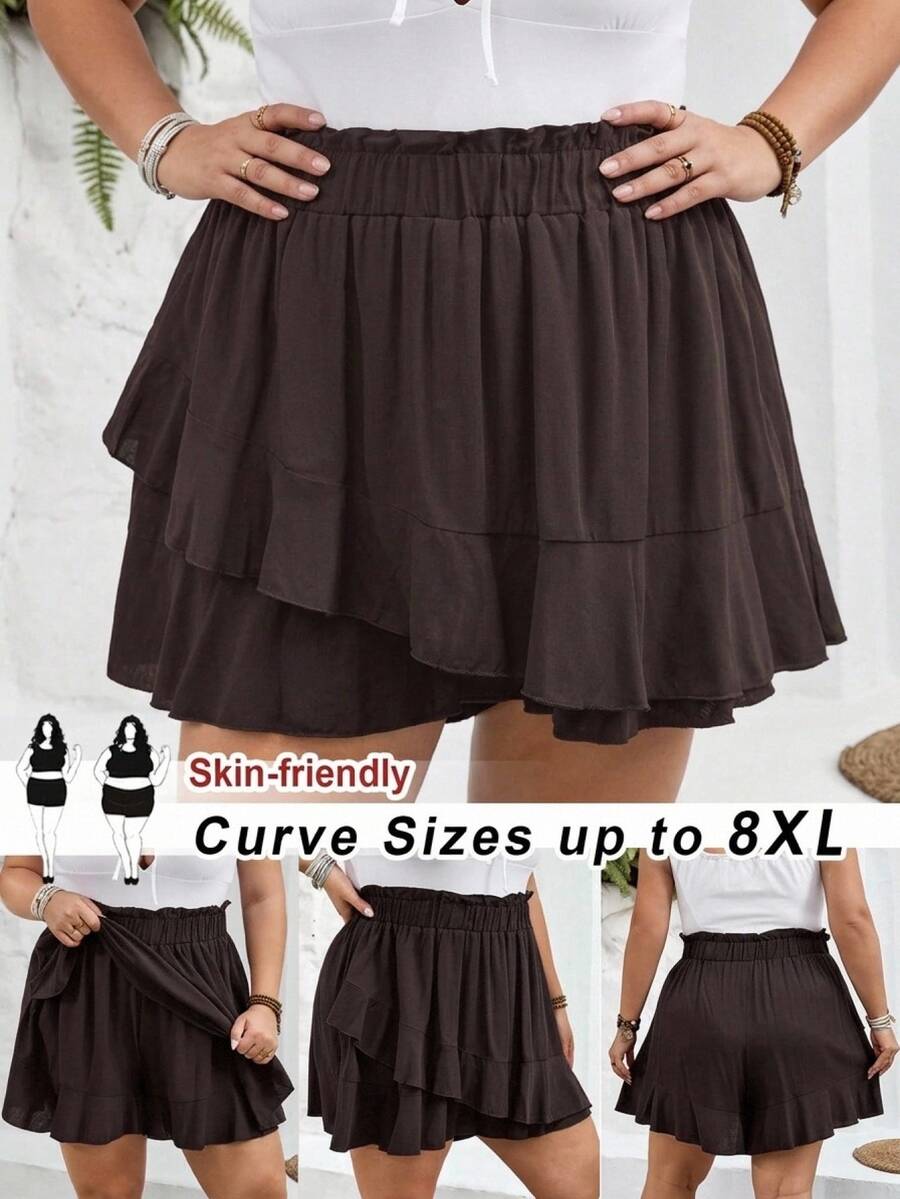SHEIN CURVE+ شورت نسائي فضفاض بلون موحد مع حافة مكشكشة، مقاس منحني US22، مناسب لمهرجان الموسيقى وإجازة الشاطئ والأسلوب البوهيمي - بني - مشاهدة 1