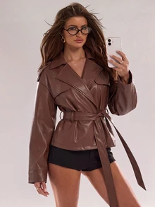 SHEIN BAE 女款純色腰部繫帶休閒百搭風衣外套 - 摩卡棕 - 查看 7