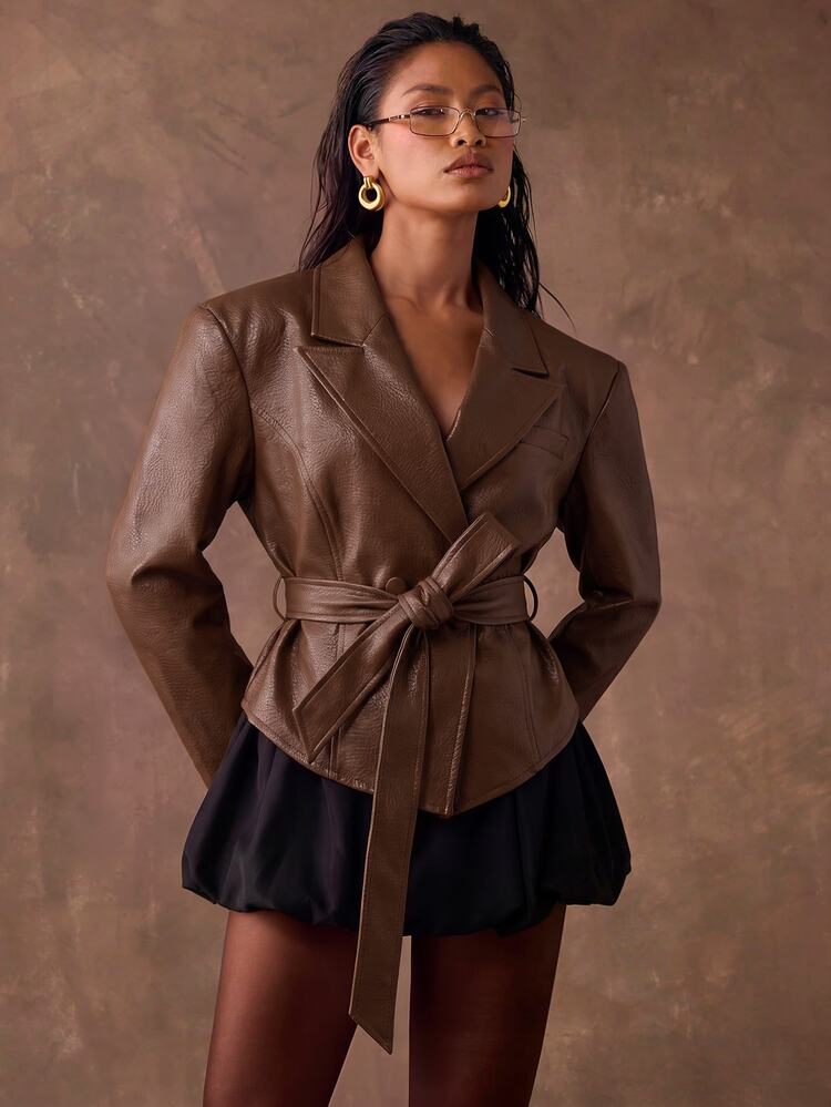 SHEIN BAE Women's Autumn Fashion Double-Breasted Belted Jacket - Mocha Brown - View 5