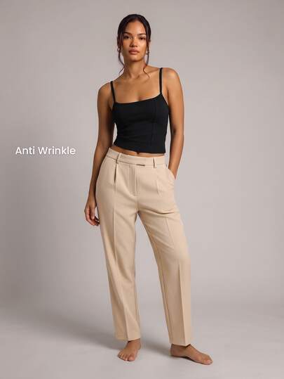 YARNWELL Women's Tapered Stretch Trousers With Pockets Work Business Pants Comfort Fit Versatile Essential Office Teachers' Day Light Beige Summer Casual