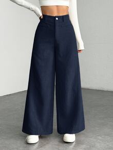 SHEIN PETITE Women Loose Fit Low Waist Plain Flared Trousers,Cargo Pants ,Petite Women - Navy Blue - View 3