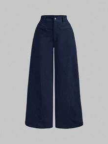SHEIN PETITE Women Loose Fit Low Waist Plain Flared Trousers,Cargo Pants ,Petite Women - Navy Blue - View 8