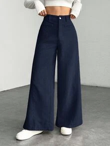 SHEIN PETITE Women Loose Fit Low Waist Plain Flared Trousers,Cargo Pants ,Petite Women - Navy Blue - View 5