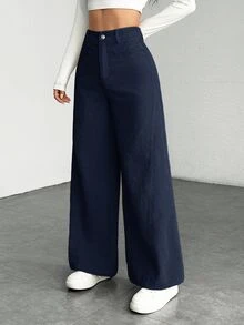 SHEIN PETITE Women Loose Fit Low Waist Plain Flared Trousers,Cargo Pants ,Petite Women - Navy Blue - View 6