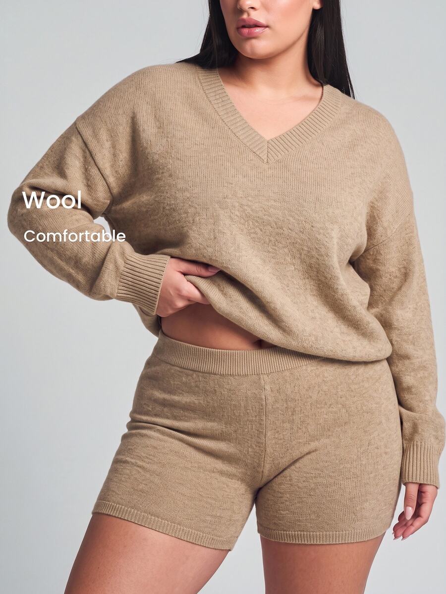 YARNWELL Women's V-Neck Minimalist Daily Textured Long Sleeve Solid Color Pullover Sweater Winter - Coffee Brown - View 1