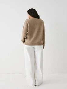 YARNWELL Women's V-Neck Minimalist Daily Textured Long Sleeve Solid Color Pullover Sweater Winter - Coffee Brown - View 3