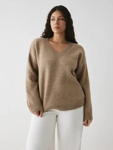 YARNWELL Women's V-Neck Minimalist Daily Textured Long Sleeve Solid Color Pullover Sweater Winter - Coffee Brown - View 4